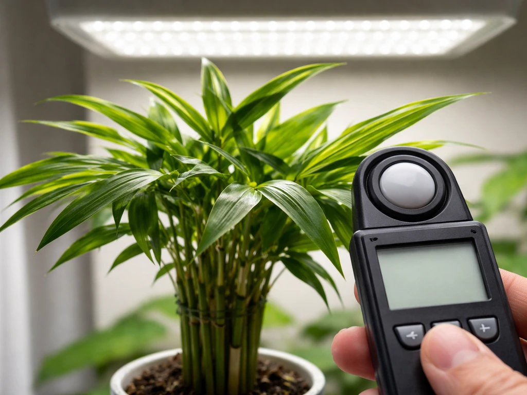 Close-up of indoor bamboo canopy with a handheld lux/PPFD meter near the leaves under bright grow lights.