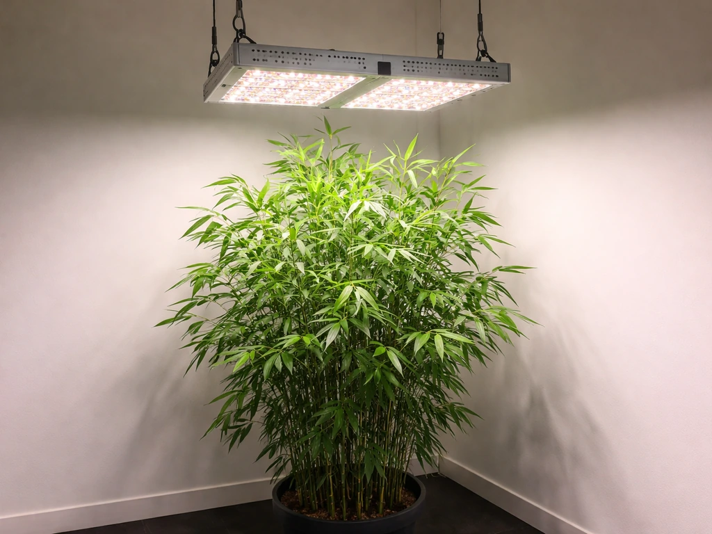 Overhead full-spectrum LED grow light panel illuminating an indoor bamboo plant with clear fixture visibility.