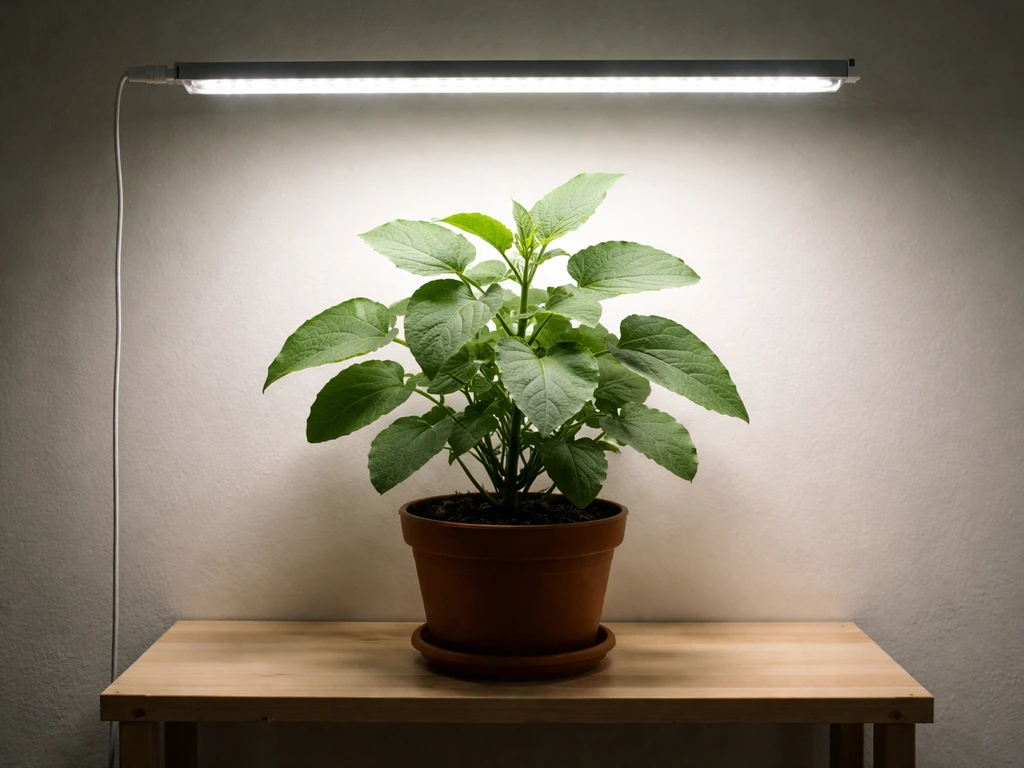 Nightshade plant under bright LED grow lights in a dim indoor room.