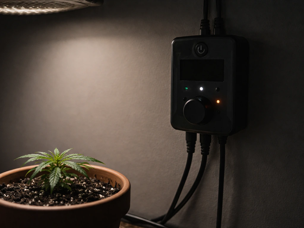 Close-up of an indoor grow light controller as the grow light turns off for the dark period.