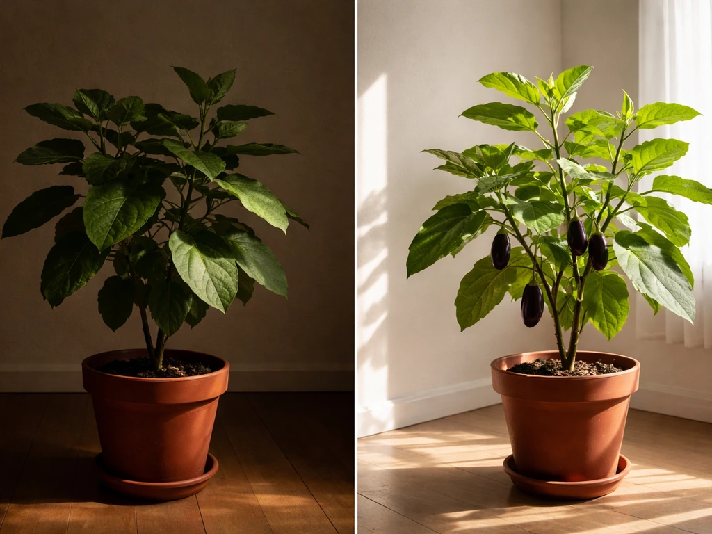 Two potted eggplants side-by-side: one in dim light with leaves only, one in bright light with forming fruit.