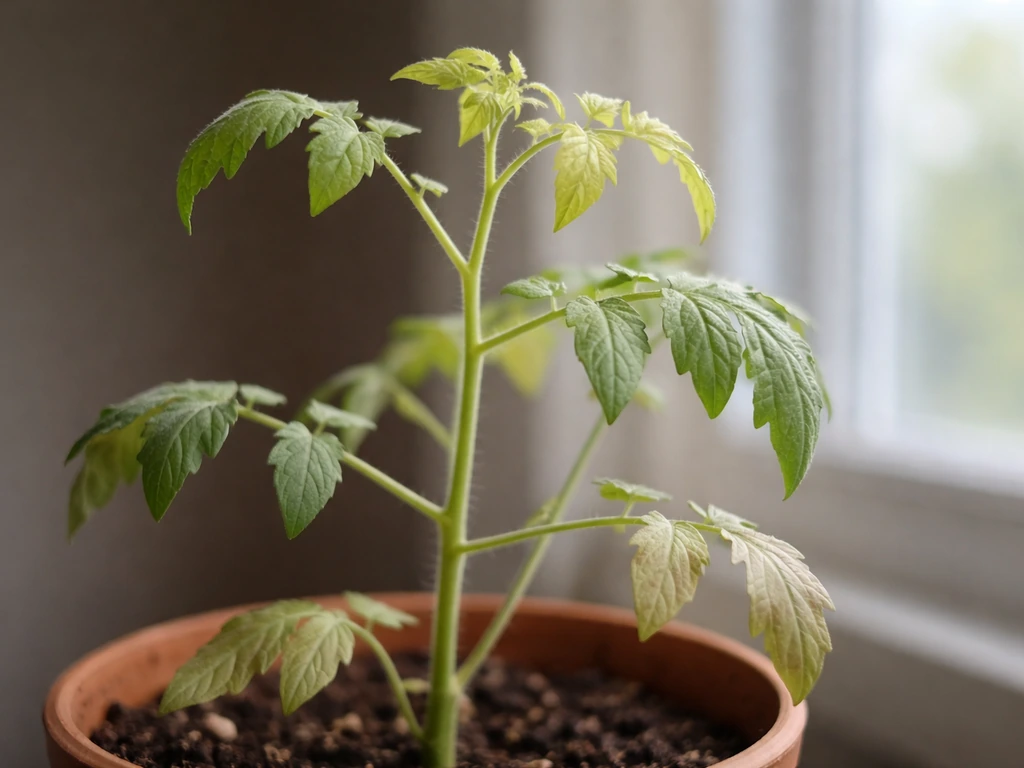 Close-up of a potted tomato plant with leggy, stretched stems and pale yellow new growth near a window