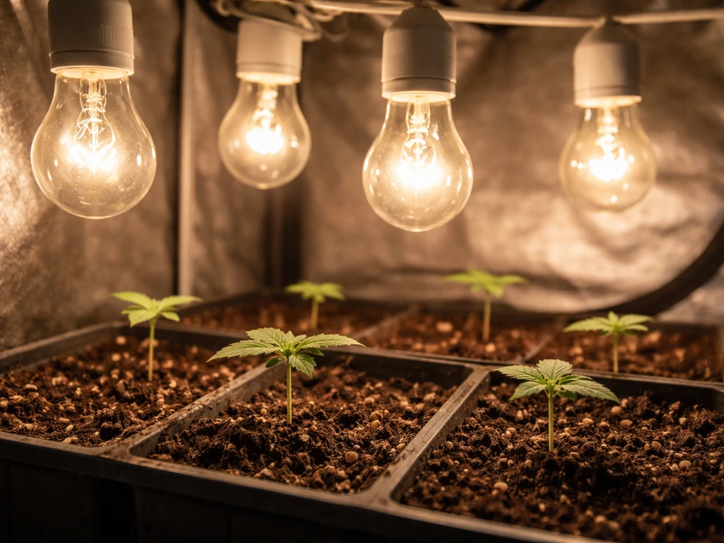 Indoor cannabis seedlings under a few regular household bulbs in a small grow tent