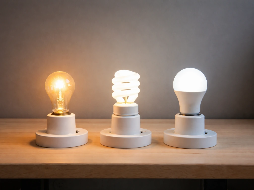Three common household bulbs side-by-side showing warm incandescent glow vs cooler CFL/LED light.