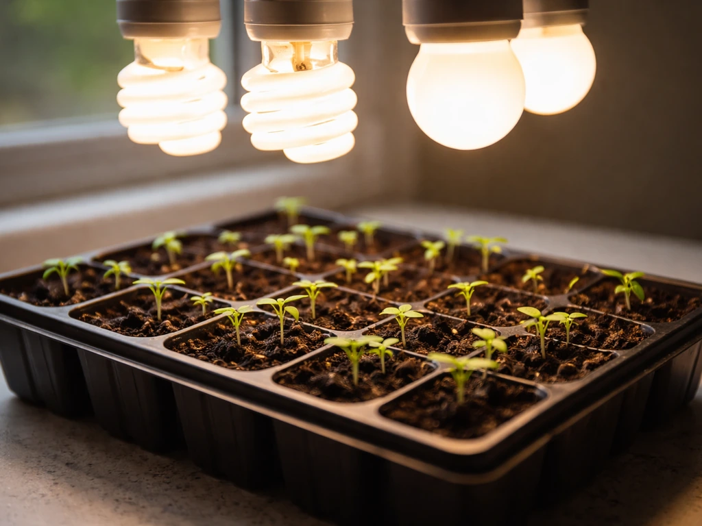 Seedling tray with tiny sprouts under closely placed CFL/LED bulbs in soft light.