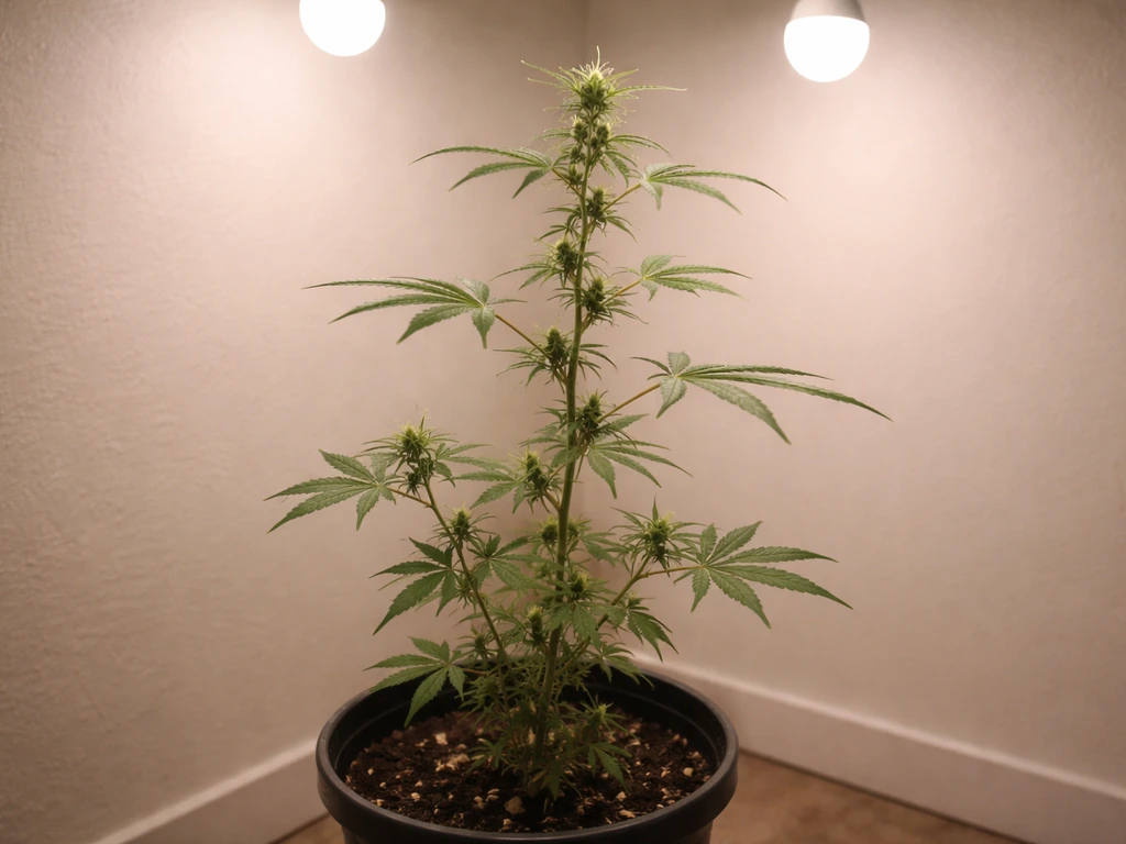 Flowering cannabis plant under weak household bulbs, with sparse buds and a poor, uneven canopy.