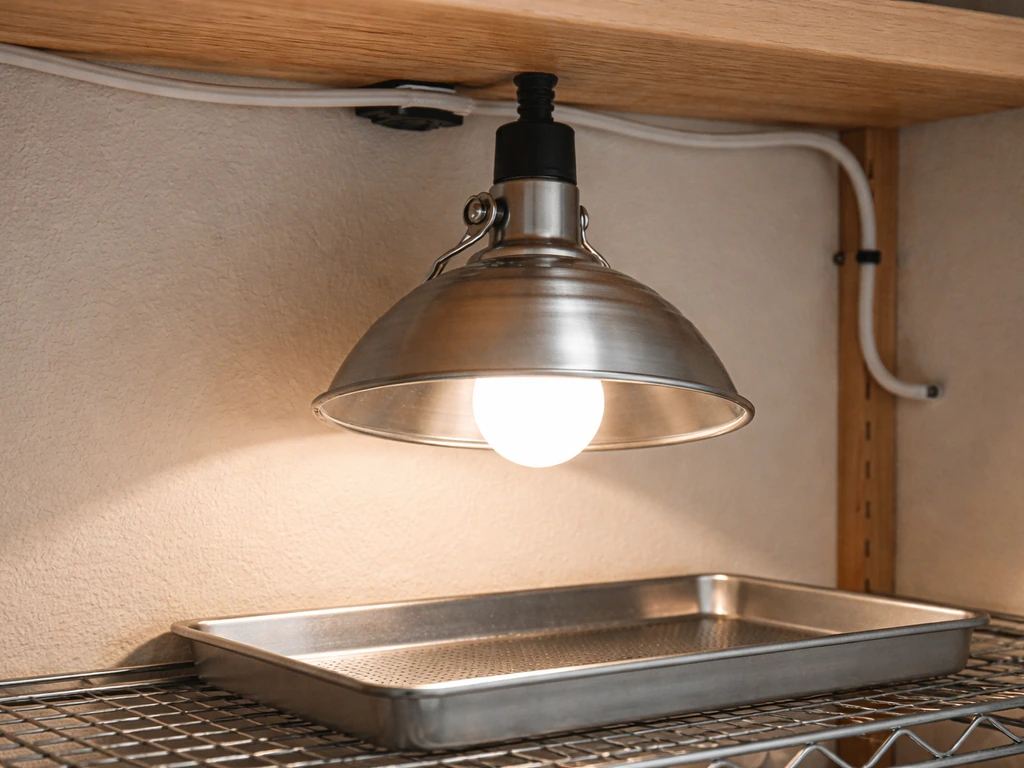 Close-up of a household grow light bulb in a safe fixture with cord neatly routed away from fabric.