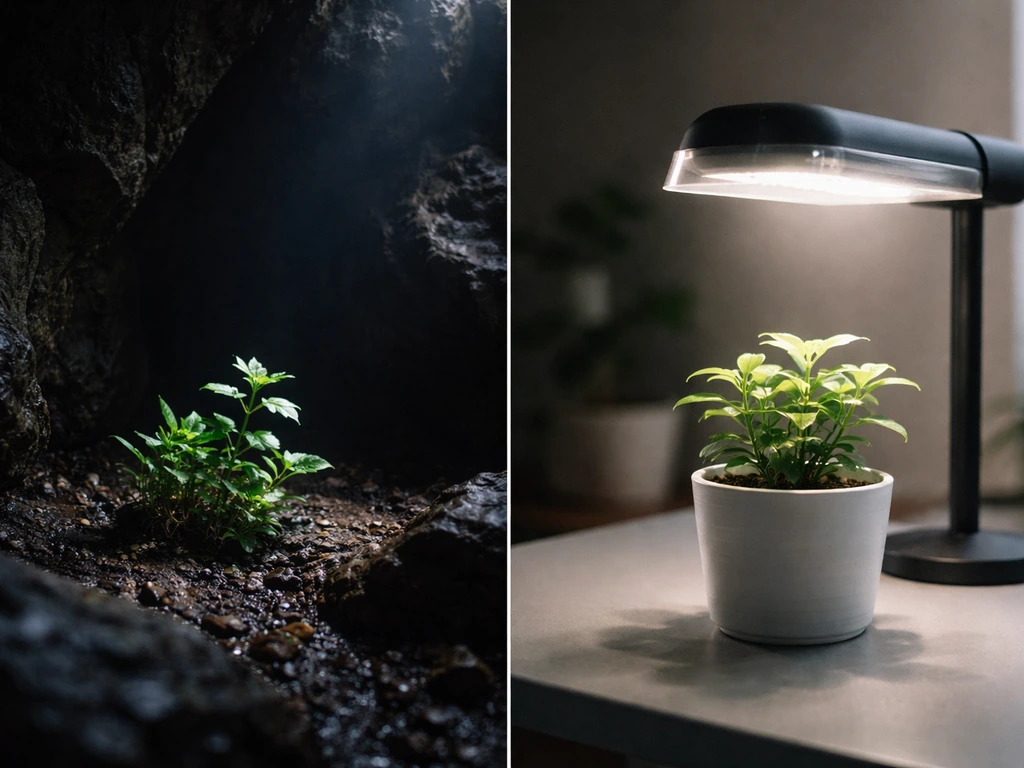 Dark cave interior opening contrasted with a home LED grow-light setup illuminating a plant