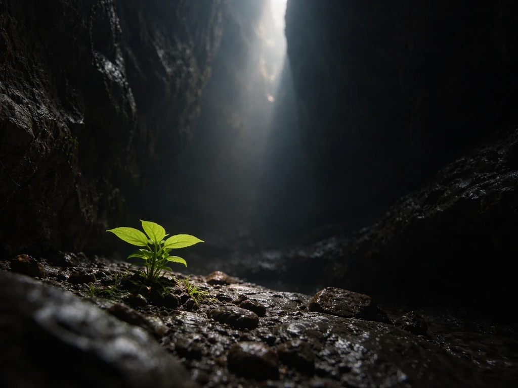 Minimal cave interior with a single plant near a crevice, faint light rays reaching leaves.