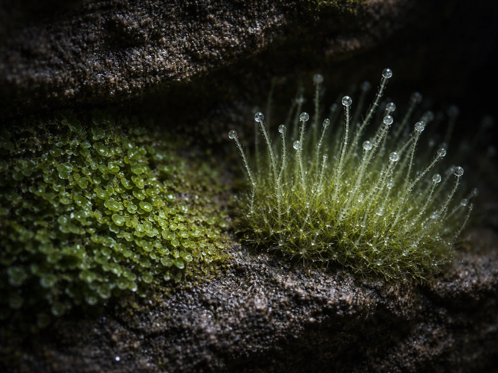 Close-up of a cave wall with moss and antenna-like plant filaments capturing faint light.