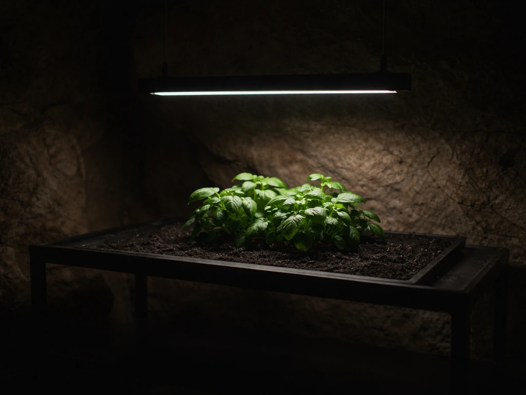 Dim indoor grow area with a close-mounted LED light creating a cave-like low-light zone over plants.