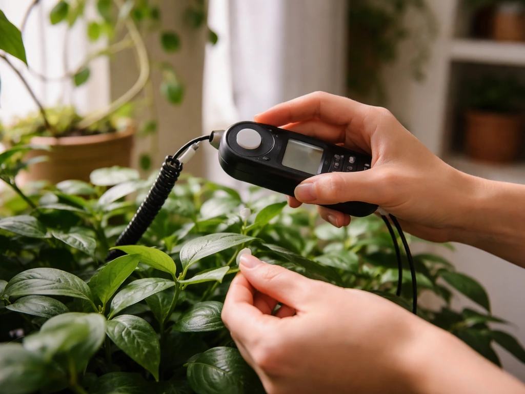 Person using a handheld PAR meter at plant canopy height in a bright indoor grow space