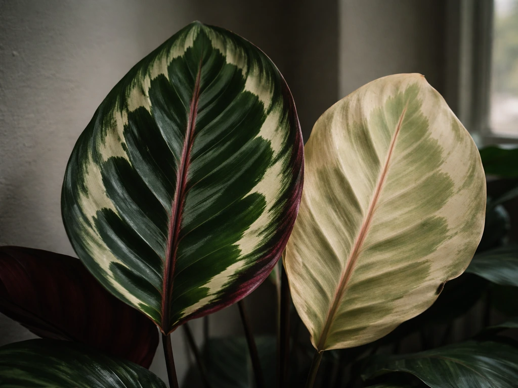 Close-up of calathea leaves showing muted variegation in weak light beside a healthier leaf.
