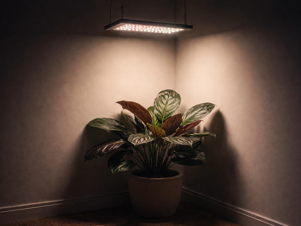 Full-spectrum LED grow light shining on a calathea in a dim corner.