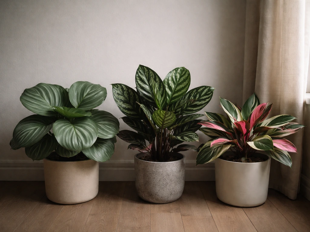 Three calathea-family plants in low light, side-by-side, showing different leaf patterns and brightness.