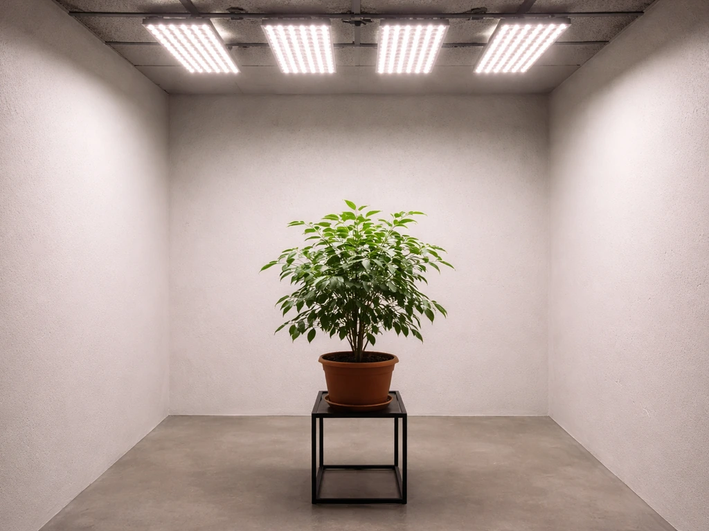 Windowless room lit by ceiling LED grow lights, with one potted plant centered on a stand.