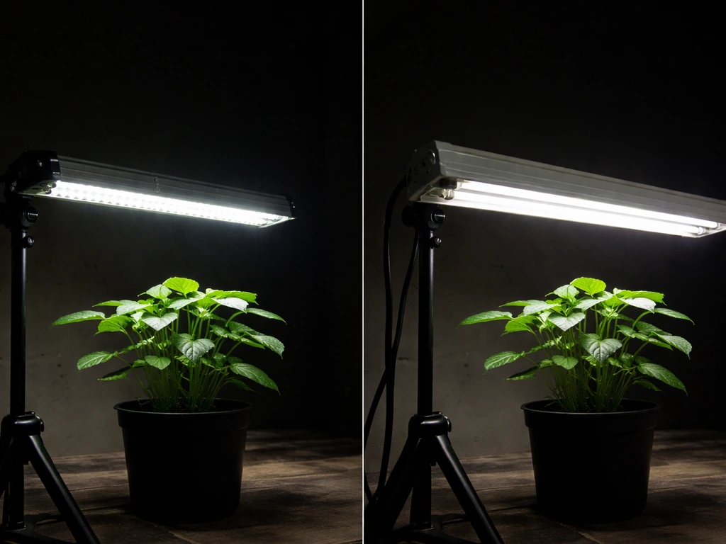 Side-by-side LED bar and fluorescent fixture shining onto a small plant canopy in a dim windowless room