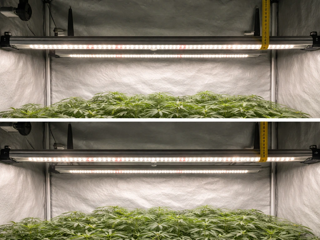 LED grow light above plant canopy with tape showing two mounting distances, demonstrating closer vs farther placement.