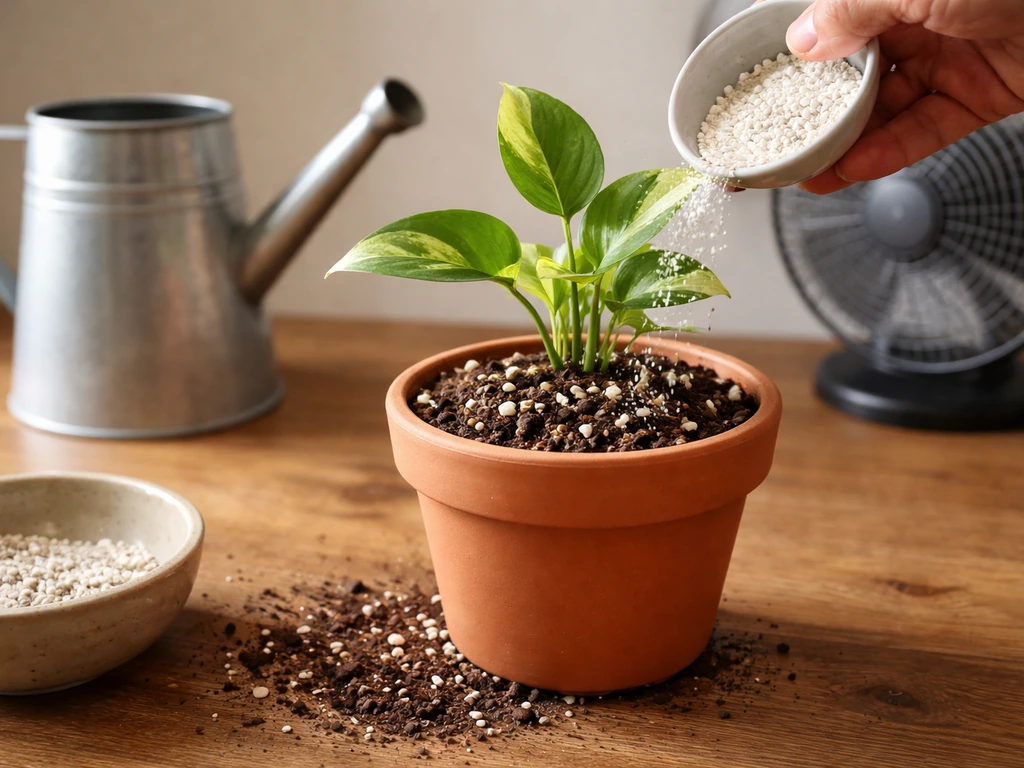 Houseplant care setup: watering can, well-draining pot mix with perlite, and a small desk fan on a table.