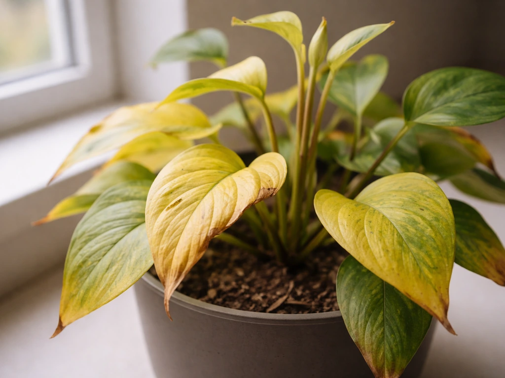 Close-up of yellowing plant leaves with a pot showing slightly dry soil in the background
