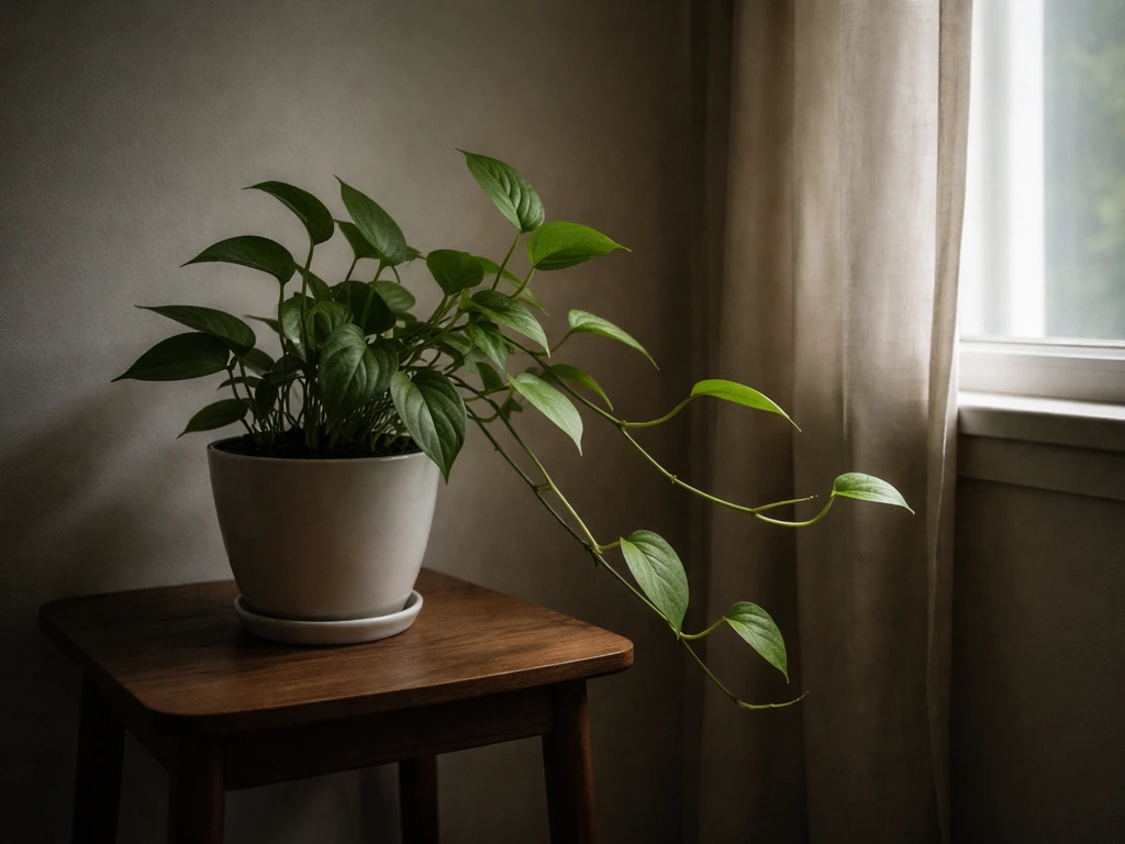 Healthy pothos near a dim window corner with slightly leggy, leaning growth in soft natural light.