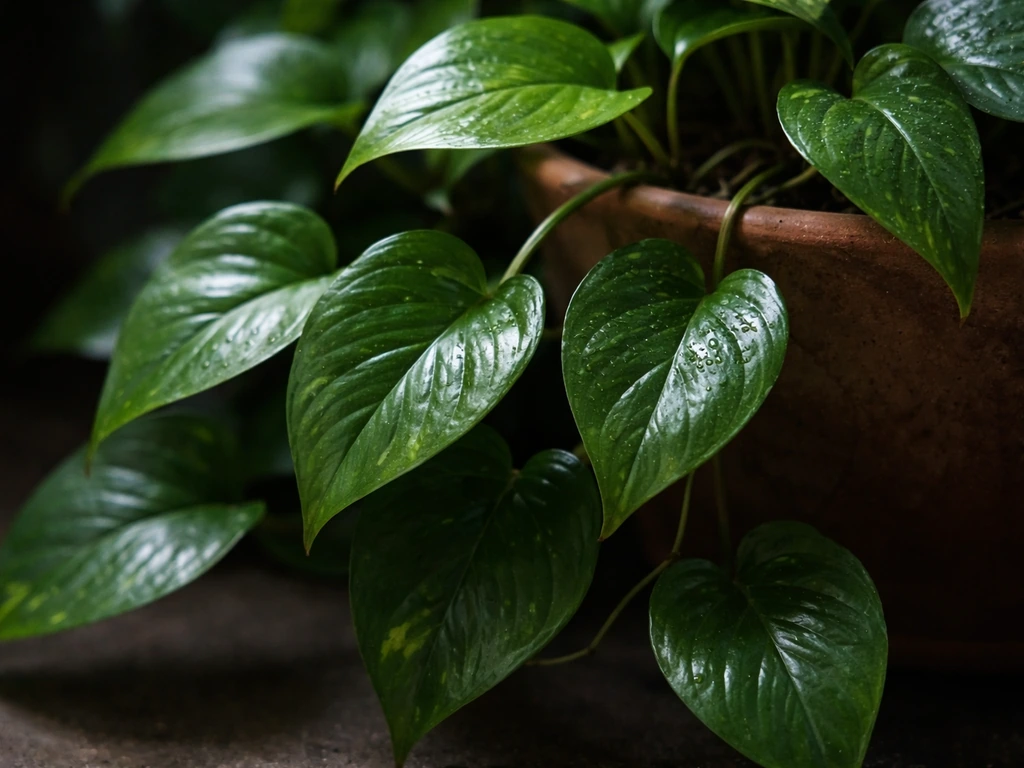 Closeup of deep green standard pothos leaves in dim low light with soft background blur.