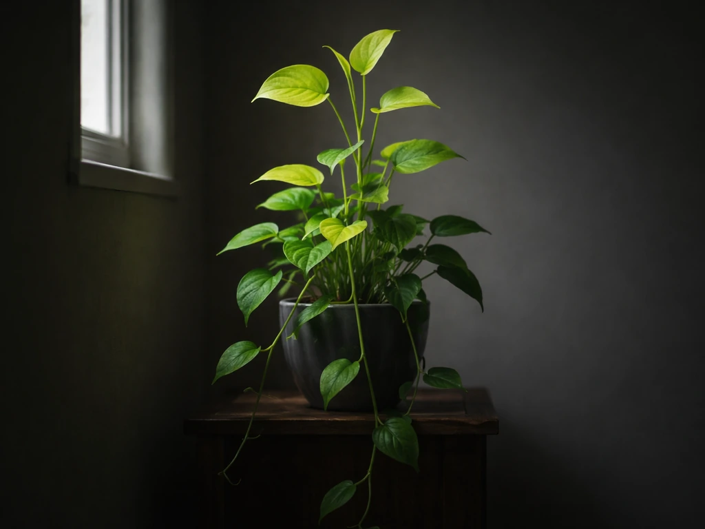 Neon pothos in low light with faded chartreuse leaves and leggy trailing stems toward dim light.