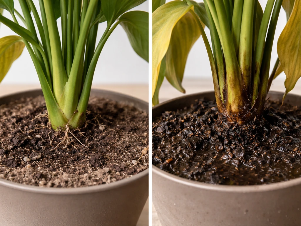 Two close-up plant stem bases: one yellow from low light, one mushy from overwatering and root rot.