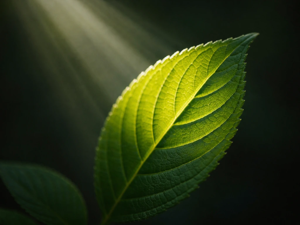 Green plant leaf in soft sunlight with faint glowing light rays suggesting photosynthesis energy