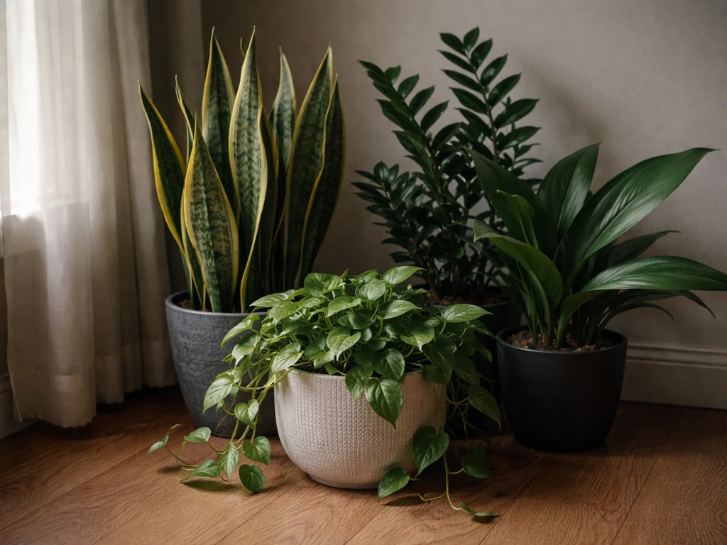 Several low-light houseplants grouped together on the floor beside a softly shaded window.