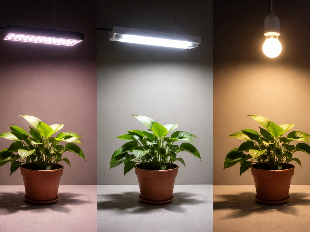 Three different light sources hovering above a potted plant, showing varying illumination.