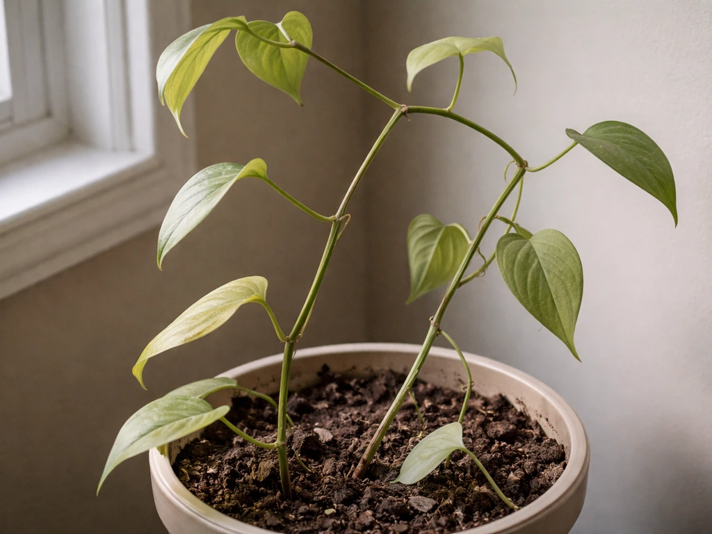Close-up of a leggy houseplant with pale, widely spaced leaves reaching toward light
