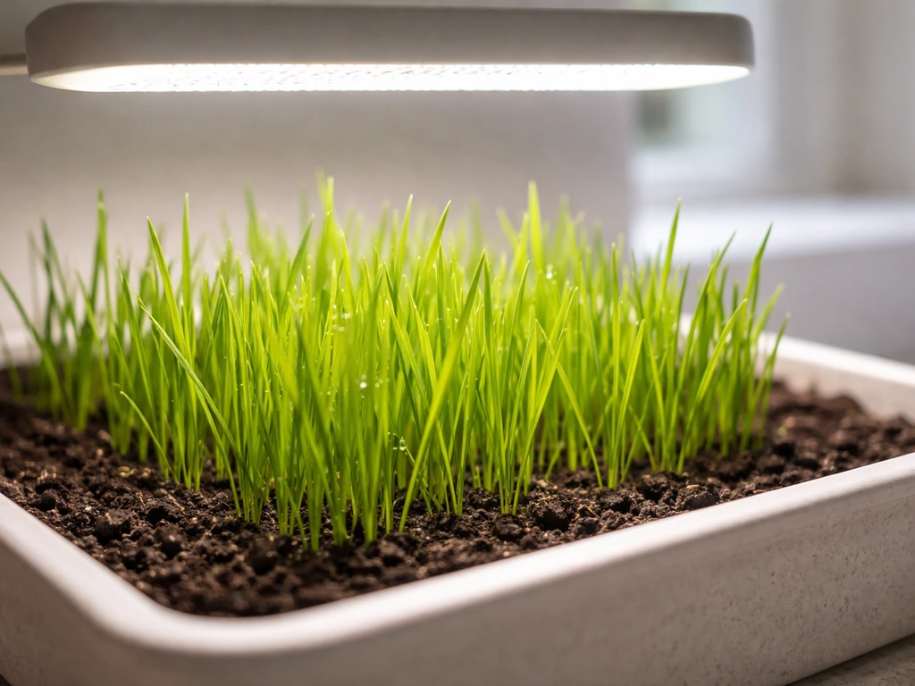 Shallow indoor planter with small LED grow light as turf grass sprouts under artificial light