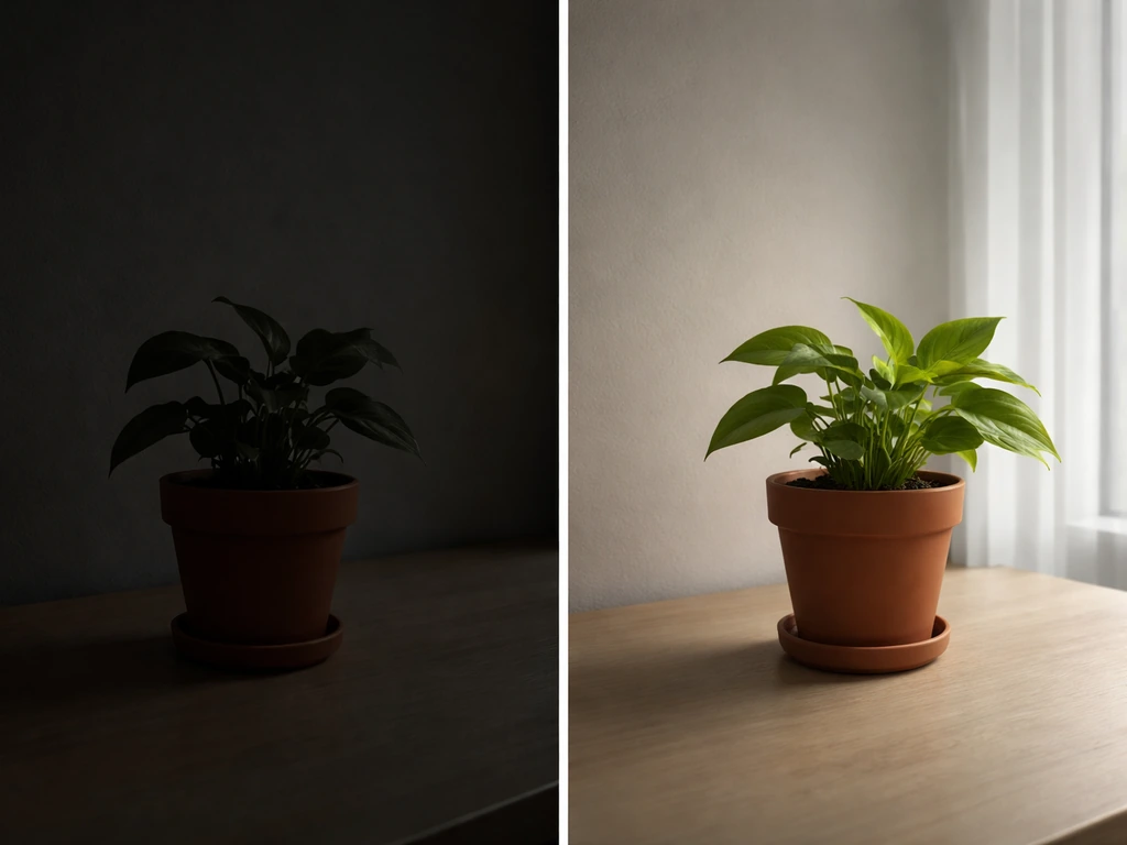 Split scene of an indoor planter: one side fully dark, the other lit by indirect light with greener leaves.