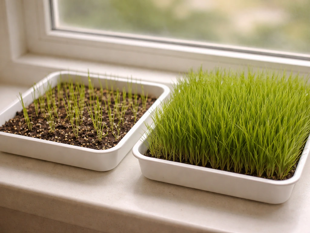 Two indoor grass trays showing thin seedlings vs denser established turf under natural window light