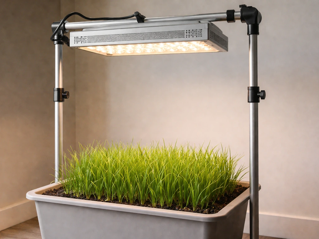 Full-spectrum LED grow light on an adjustable stand shining over a small indoor grass planter
