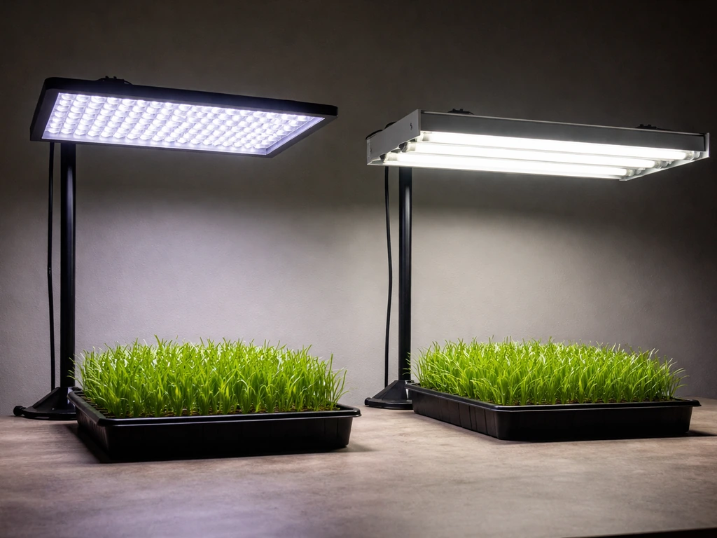 LED grow panel and fluorescent/T5 lights side by side over two simple seedling trays.