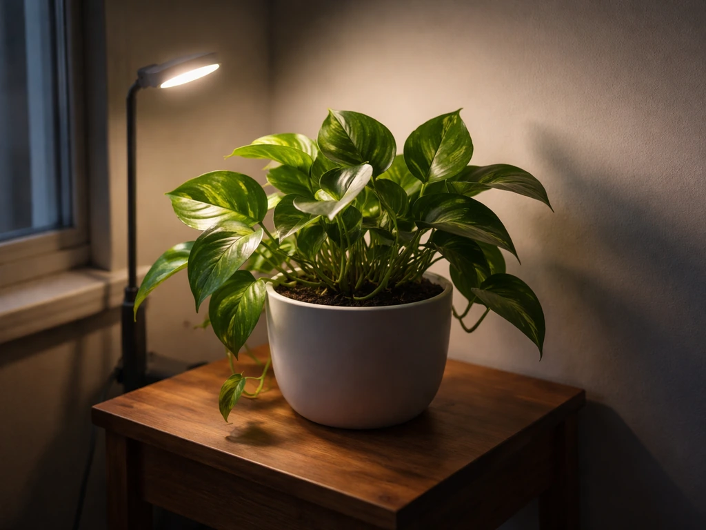 Healthy pothos thriving under a soft artificial grow light in a dim room, suggesting no sunlight.