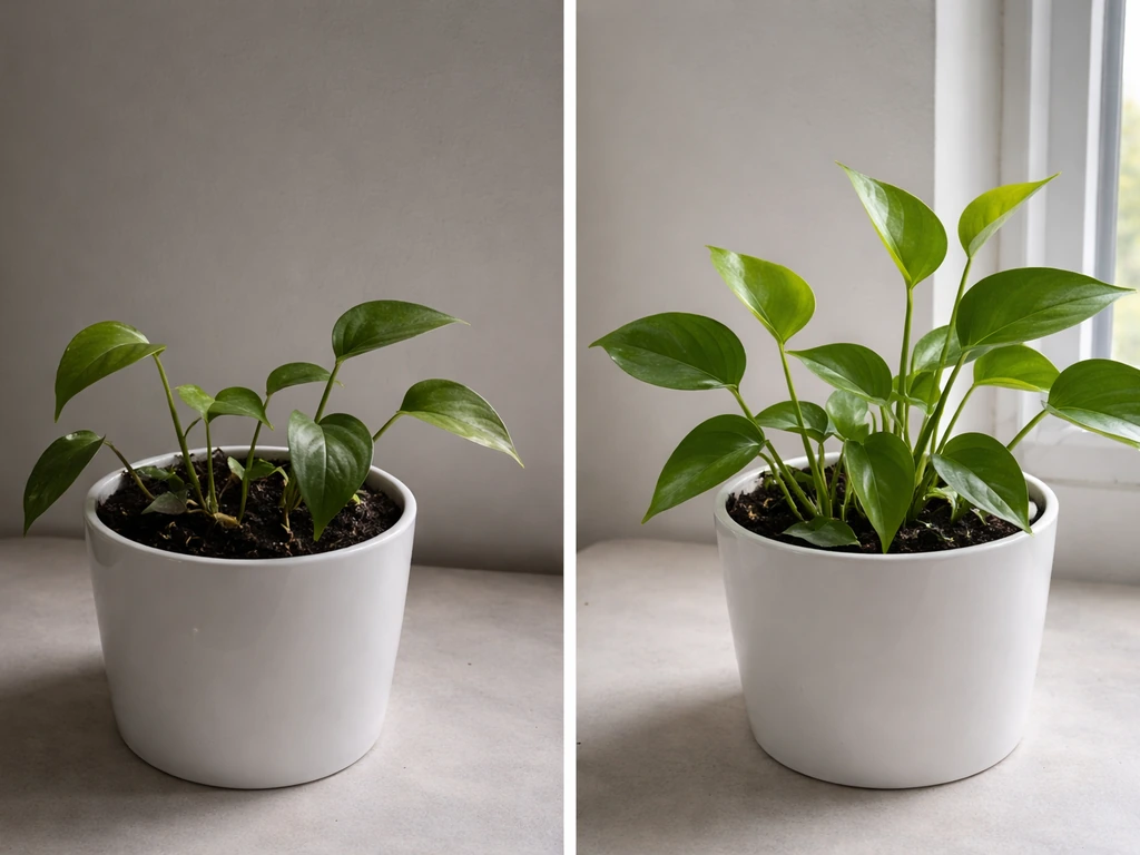 Side-by-side pothos plants showing stalled growth in dim light vs new leaves in brighter light