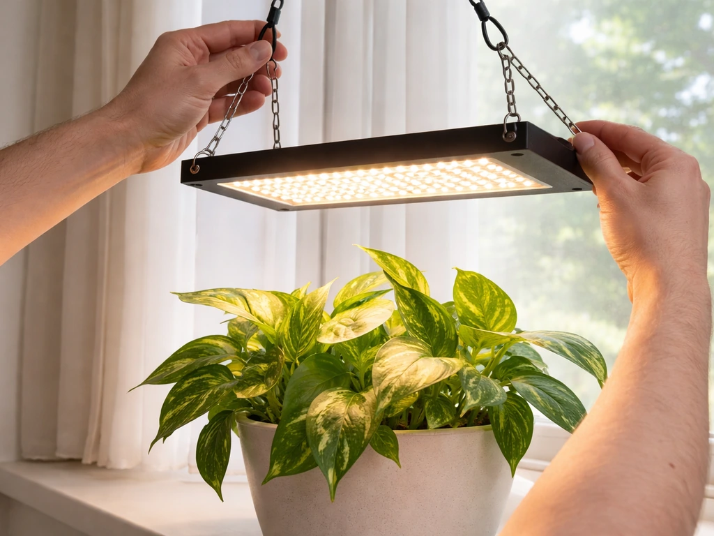 Hands adjust a hanging LED grow light over a potted pothos, checking proper distance and angle.