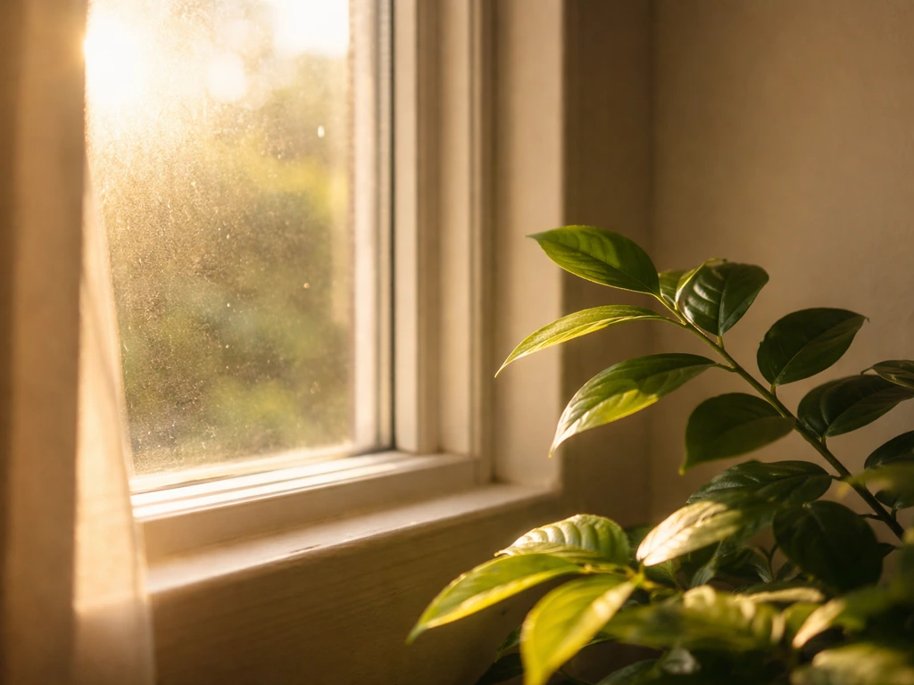 Sunlight passes through clear window glass and illuminates plant leaves inside with visible light reduction.