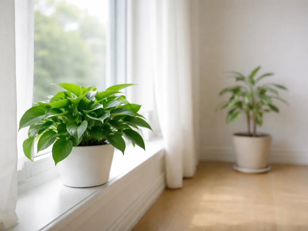 Two potted plants near vs far from a sunny window, showing healthier leaves closer to the glass.