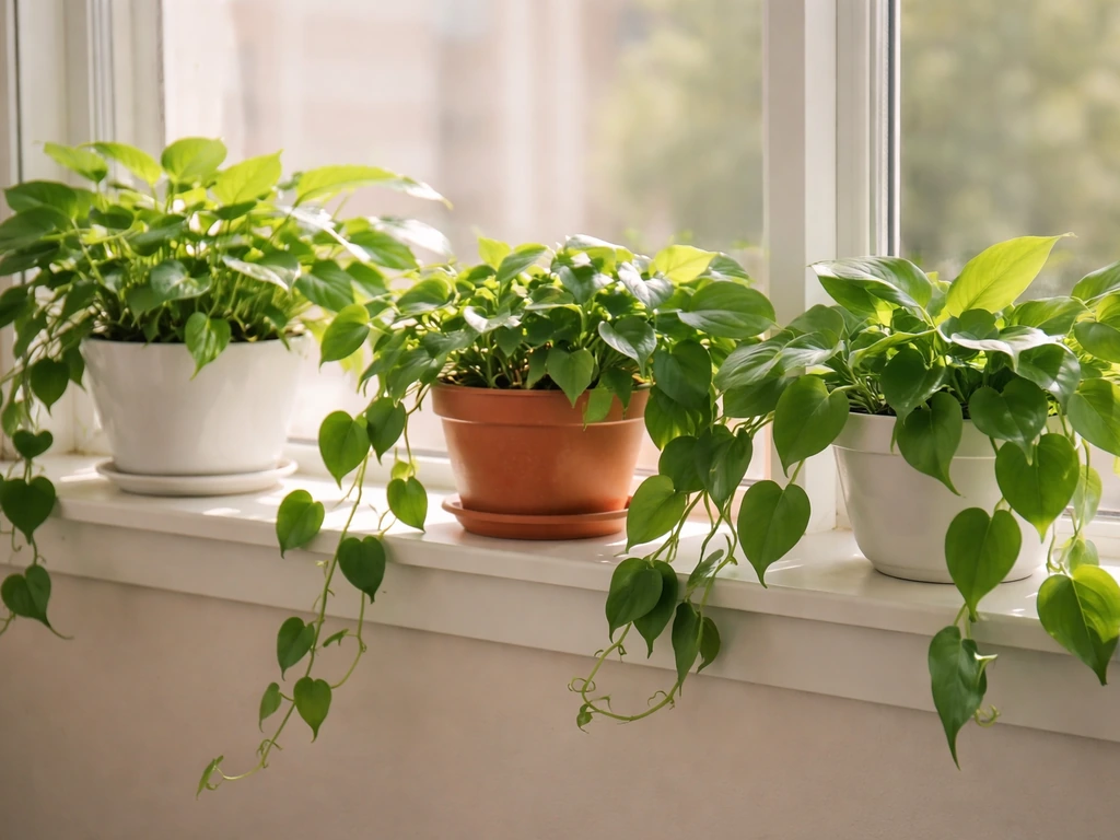 A simple row of pothos and philodendron plants on a windowsill in soft bright light.