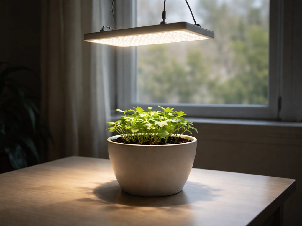 Potted seedlings under a modern LED grow light near a window, with brighter illuminated area.