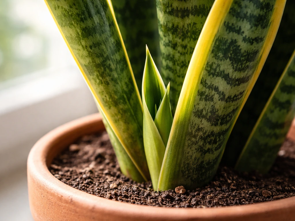 Close-up of a snake plant leaf base and new growth showing how light affects leaf vigor.