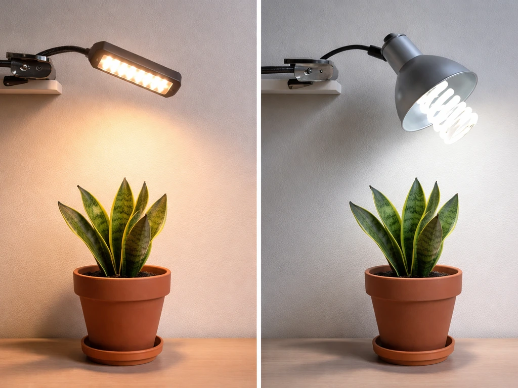 Side-by-side LED grow light vs CFL lamp above a small snake plant in a plain room.