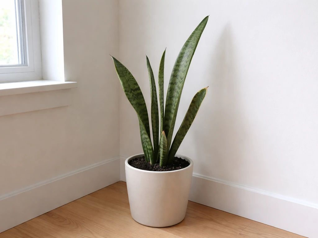 Snake plant with sparse new growth and stretched, leaning leaves near a window, suggesting low light.
