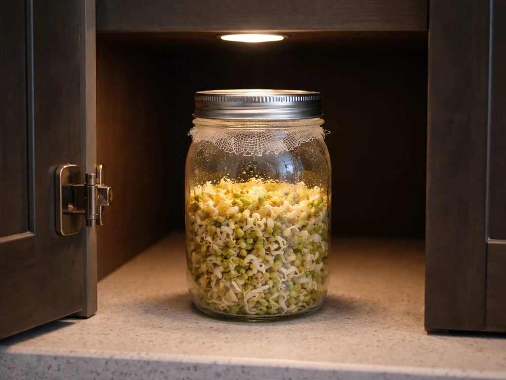 Clear jar of mung bean sprouts inside a dim cupboard with soft warm light.