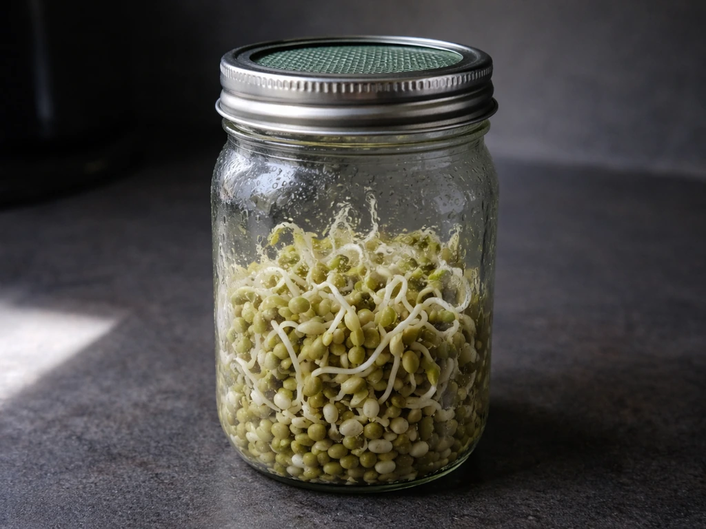 Clear jar of mung beans sprouting under a vented lid on a dark countertop.