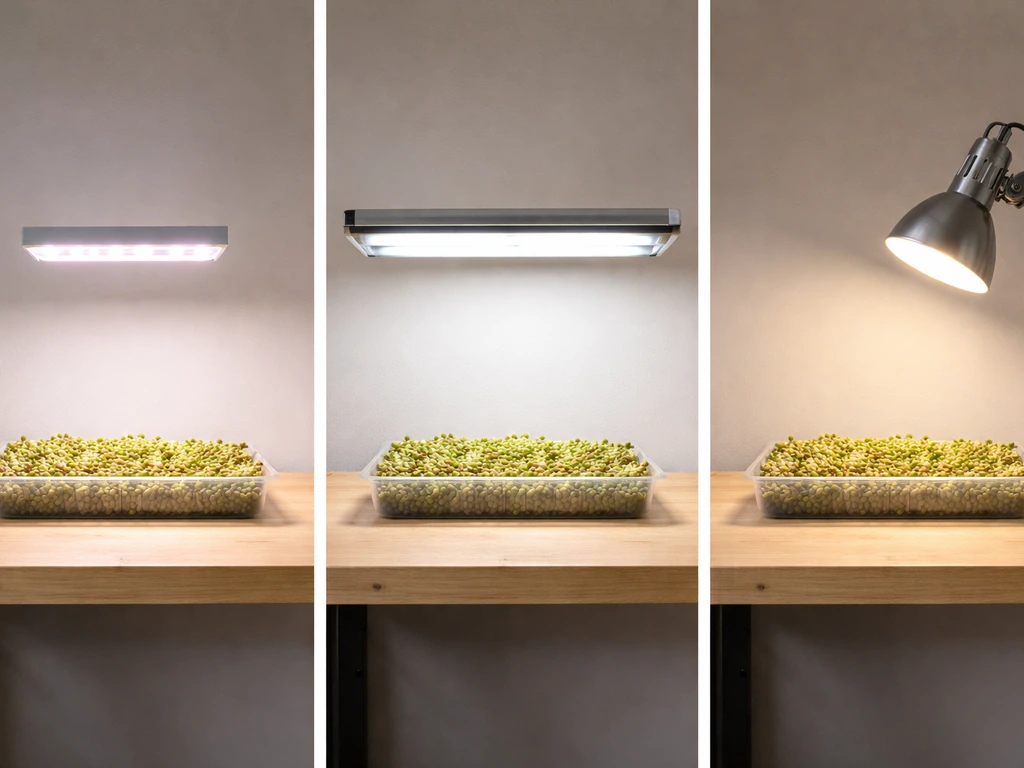 Three indoor mung-bean trays side by side under LED grow light, T5 fluorescent, and a regular bulb.